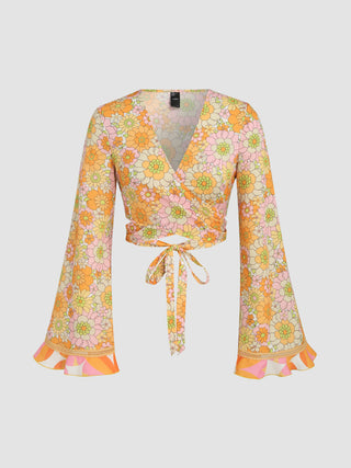 Floral Print Cross Wrap Tie Back Crop Top