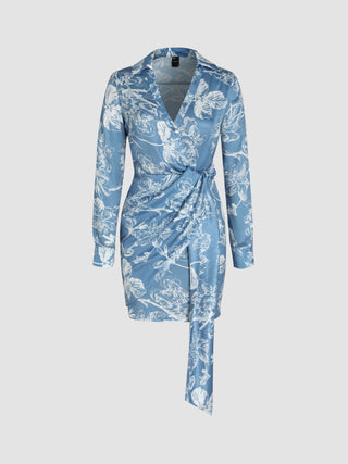 Satin Floral V-neck Long Sleeve Short Dress