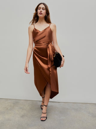Satin V-neck Slit Cami Midi Dress