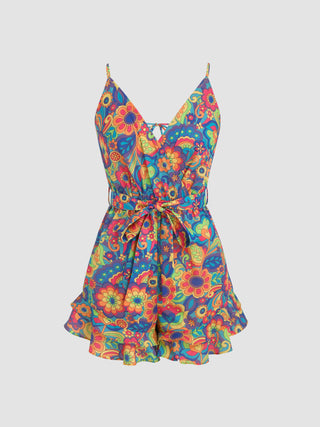 Floral Print Ruffle Hem Tie Back Cami Romper