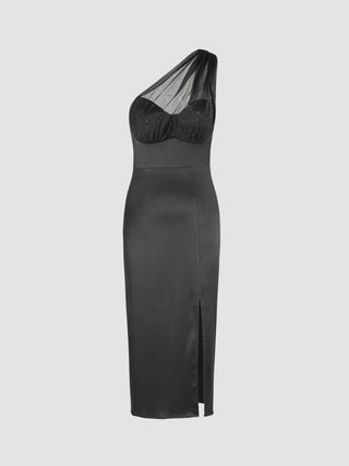Satin Sequin Asymmetrical Neck Split Midi Dress