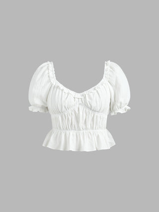 Ruched Ruffle Hem Short Sleeve Crop Blouse
