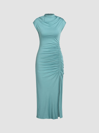 High Neck Ruched Split Maxi Dress