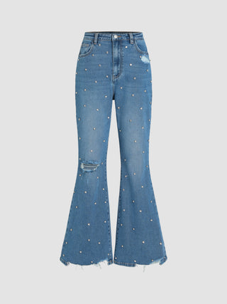 Denim Rhinestone Ripped Flared Jeans