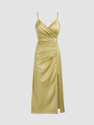 Satin Ruched Button Split Midi Dress