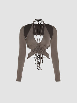 Halter Knotted Ruched Tank Top & Long Sleeve Top