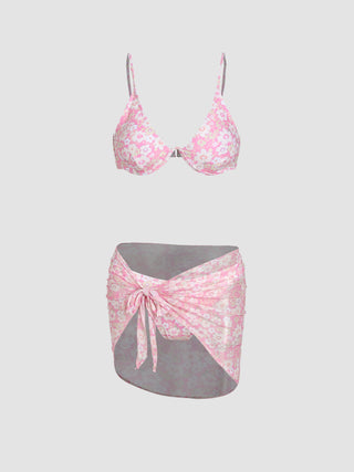 Floral Print Underwire Bikini Swimsuit With Sarong