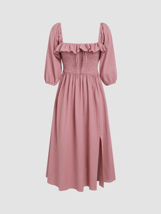 Shirred Ruffle Split Maxi Dress