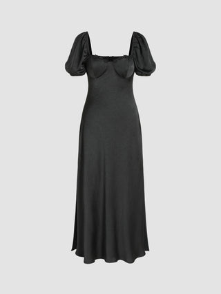 Satin Square Neck Puff Sleeve Split Maxi Dress