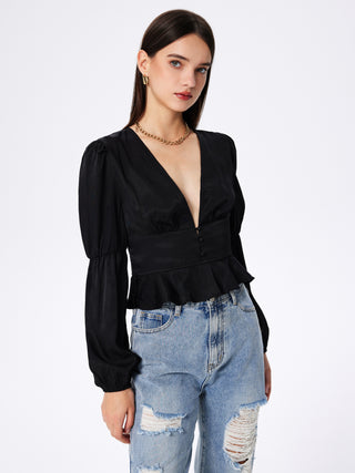 Satin V-neck Ruffle Long Sleeve Crop Top