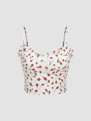 Floral Print Ruffle Trim Corset  Cami Crop Top