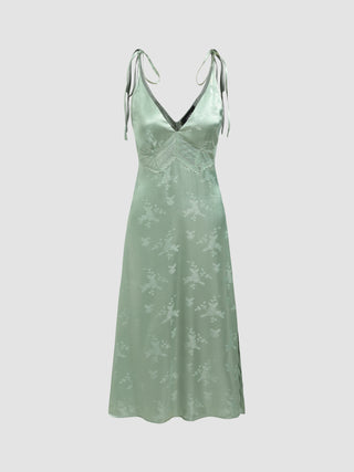 Jacquard Floral V-neck Split Midi Dress