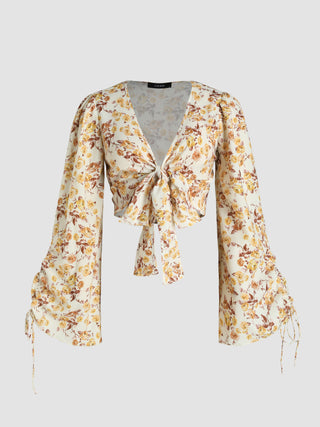 Floral Long Sleeve Knotted Blouse