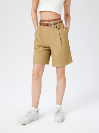 High Waist Belted Knee Length Shorts
