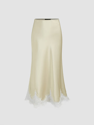 Satin Lace Trim Ruffle Maxi Skirt