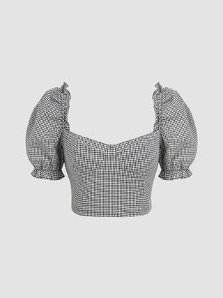 Ruffle Hem Gingham Short Sleeve Blouse