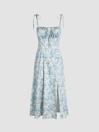 Satin Floral Knotted Split Midi Dress