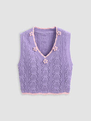 Floral Contrasting Trim Knit Crop Vest