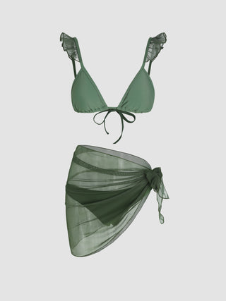 Ruffle Triangle Bikini Swimsuit With Mesh Sarong