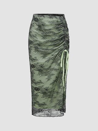 Floral Lace Knotted Split Maxi Skirt