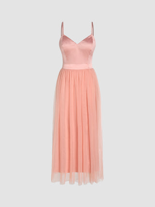 Satin Mesh V-neck Maxi Dress