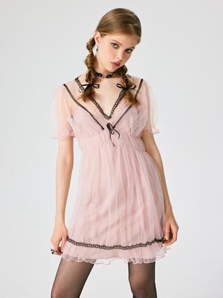 Mesh Tulle Lace V-neck Mini Dress