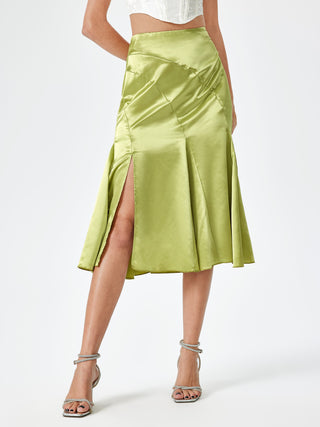 Satin Ruffle Mid Waist Midi Skirt