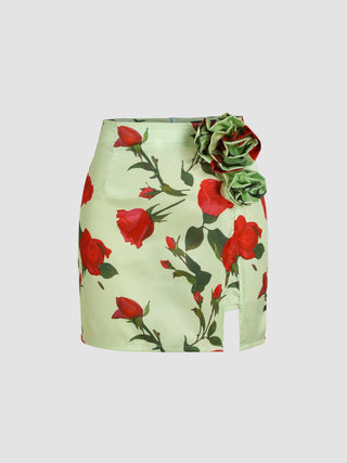 Floral Rosette Split Mini Skirt