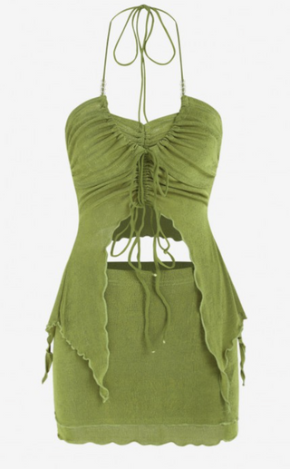 Halter Neckline Drawstring Ruffle Hem Top