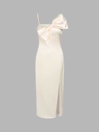 Satin Bow Split Midi Dress