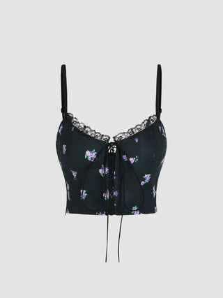 Floral Lace Trim Knotted Crop Tank Top