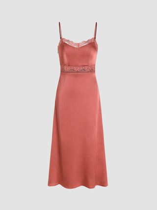 Satin Lace Trim V-neck Midi Dress