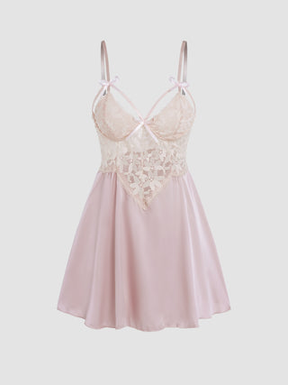 Satin Bow Floral Lace Ruffle Slip Mini Nightdress