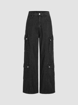 High Waist Denim Wide Leg Cargo Jeans