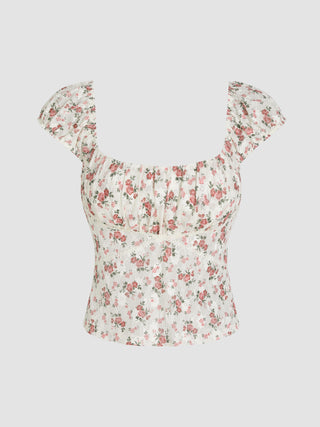 Floral Zipper Up Knit Short Sleeve Blouse