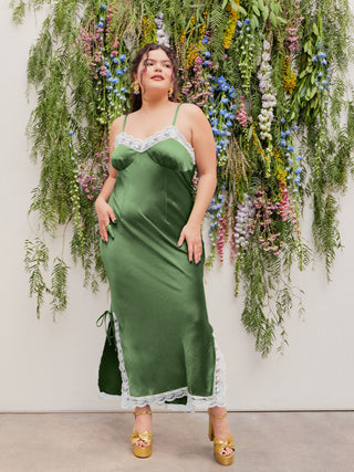 Satin Lace Trim Split Midi Dress Curve & Plus