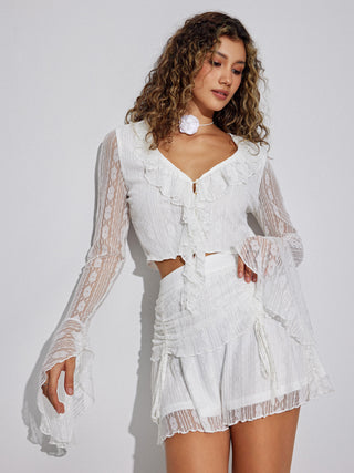 Ruffle Hem Lace V-neck Long Sleeve Blouse