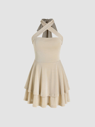 Glitter Halter Knotted Ruffle Mini Dress