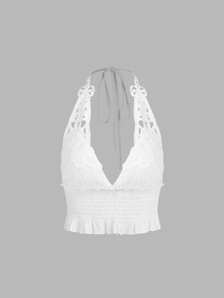 Halter Ruffle Hem Shirred Crop Tank Top