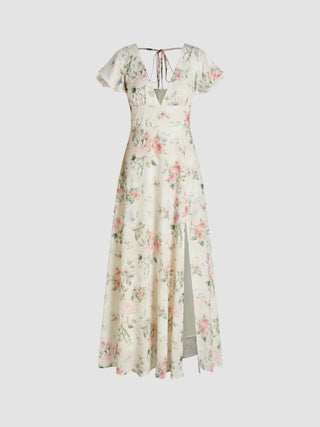 Floral V-neck Split Shirred Maxi Dress