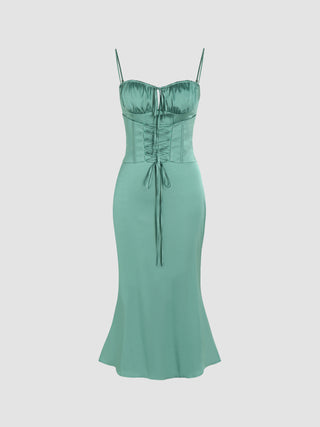 Satin Lace Up Ruched Mermaid Midi Dress