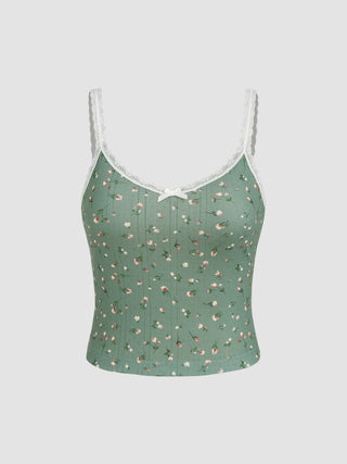 Floral Bow Lace Trim Tank Top