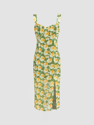 Floral Ruched Split Midi Dress