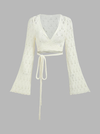 Hollow Bell Sleeve Wrap Knit Crop Top
