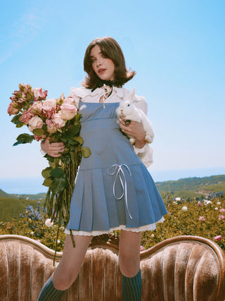 Pleated Lace Hem Split Mini Dress