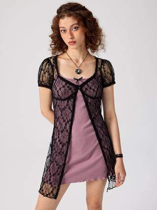 Floral Lace Sheer Blouse & Bow Detail Mini Dress