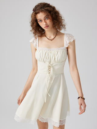 Satin Lace Trim Lace Up Ruffle Mini Dress