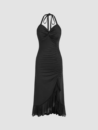 Halter Ruched Ruffle Hem Knotted Maxi Dress