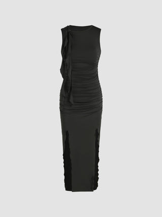 Round Neckline Ruched Ruffle Hem Split Midi Dress