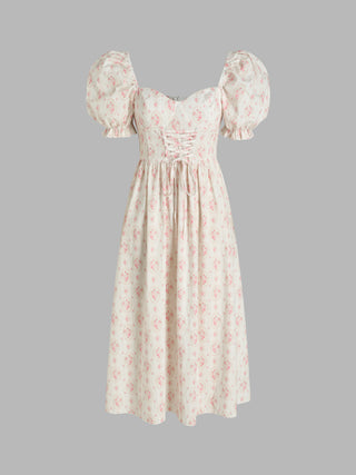 Floral Lace Up Corset Midi Dress